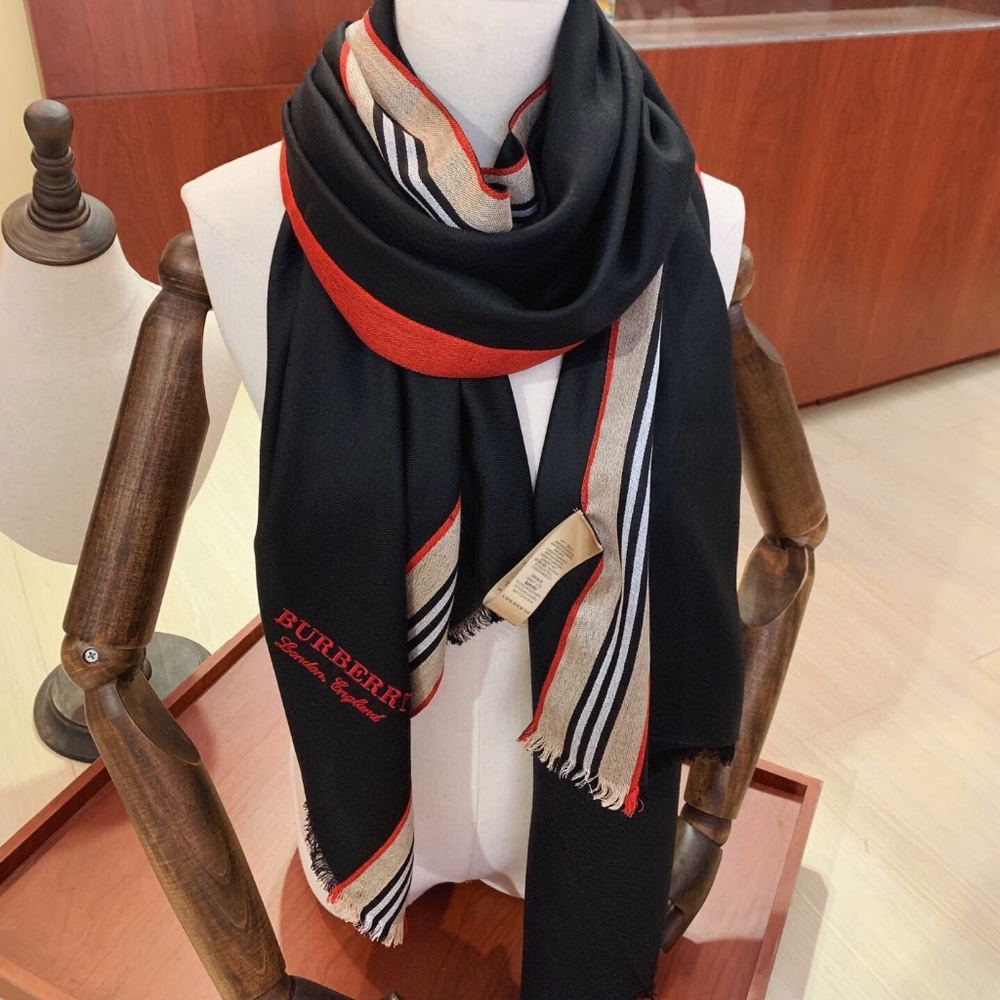 ❤ Solid Color with Striped scarf Burberry's Shawl Scarf